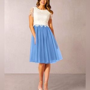 NWT, lace top and mesh/tulle skirt midi style dress. Ivory and steel blue.